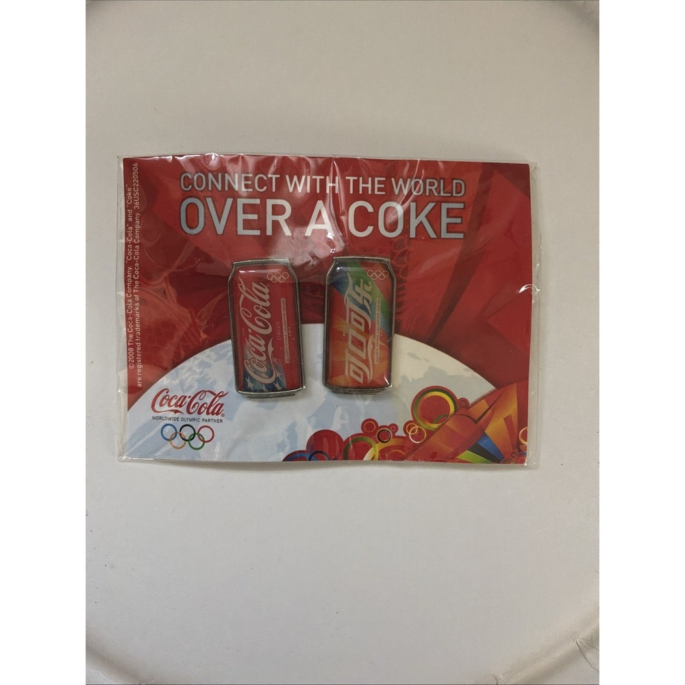 Beijing 2008 Olympic Coca Cola Sponsor Pop Can Lapel Hat Pin Set Of 2